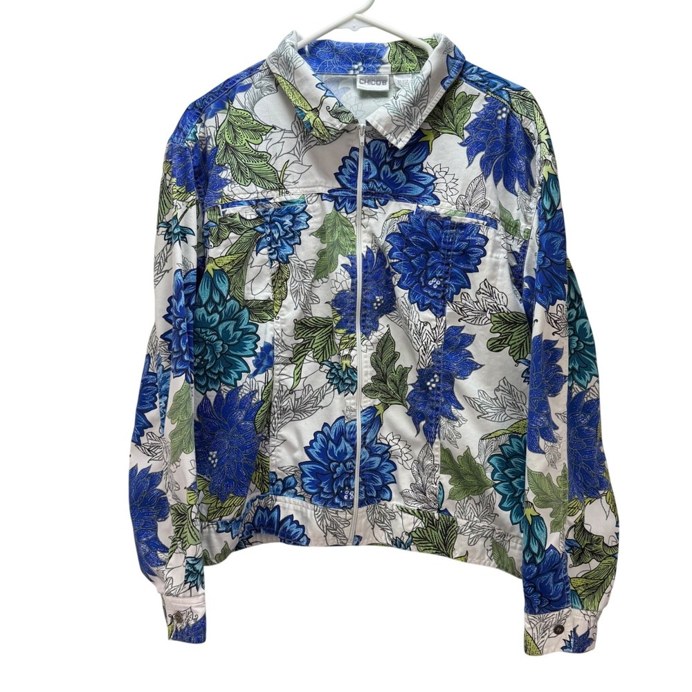 Chicos Floral Zip Up Jacket 3 (XL) Blue‎ Green White Cotton Stretch Lightweight